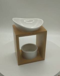 Brûleur de cire en céramique fait <span class=keywords><strong>maison</strong></span> en gros sur support en bois réchauffeur de cire fondue glaçure noire - Product Image 2