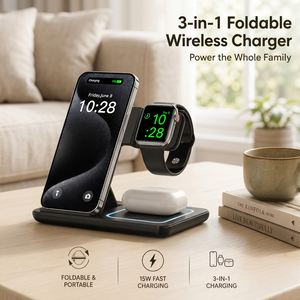 Chargeur sans fil pliable 3-en-1 OEM ODM en gros, station de charge rapide 15W, logo personnalisé, marque privée pour téléphone, montre et écouteurs - Product Image 1