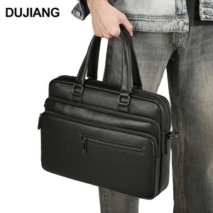 Dujiang Genuine Leather Business <b>Briefcase</b> Men's Large Capacity Shoulder Bag For Business Travel Solid Color Black - Product Image 1