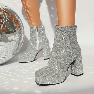 Botines Cortos de Mujer con Brillo, Punta Cuadrada, Suela Gruesa, Tacón Alto y Grueso, Cremallera Lateral, Botas de Tobillo con Lentejuelas Brillantes y a la Moda - Product Image 1