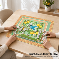 Tapis de Mahjong 800x800mm Imperméable Multispandex Antidérapant en Caoutchouc avec Bordure Motif Citron, Oiseau et Clé Grecque + Sac de Transport Noir