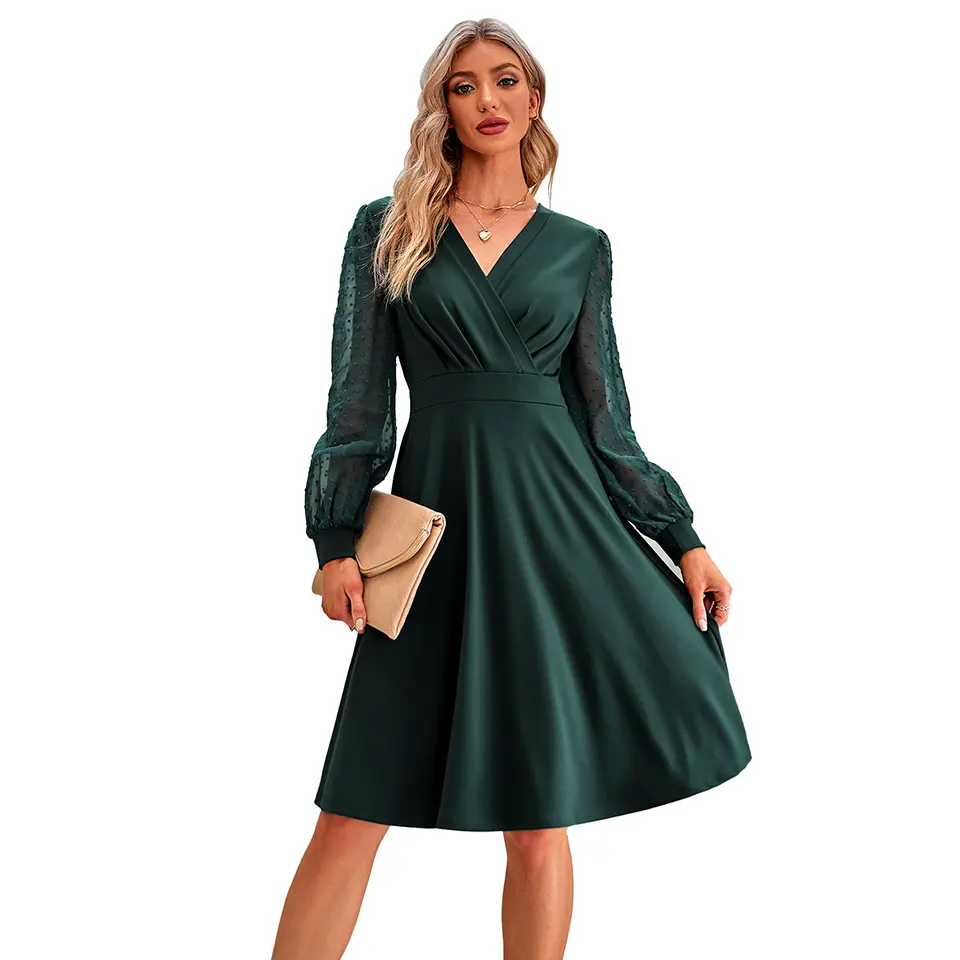 Europe Women Spring Dress Mesh Puff Long Sleeve Pleated Cross V-neck New Fashion Solid Color A-line Casual Midi Long Dress