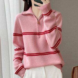 Suéter de punto holgado con <span class=keywords><strong>cuello</strong></span> <span class=keywords><strong>alto</strong></span> y media cremallera para <span class=keywords><strong>mujer</strong></span>, 100% lana pura coreana, a rayas, novedad de primavera 2026, superventas - Product Image 6