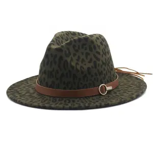 Leopar baskı yün silindir şapka geniş ağız fötr şapka Panama şapka kış sıcak yün caz şapka