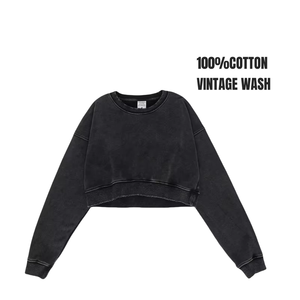 TKAN703 Women's Loose Fit Slim Waist Long Sleeve Casual Cropped <b>Hoodie</b> Solid Color Pullover Streetwear Sweats - Product Image 1