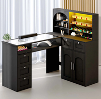 Bureau de salon de manucure en forme de L avec coussin pour les poignets et lumières LED, plateau en verre trempé, table de manucure professionnelle