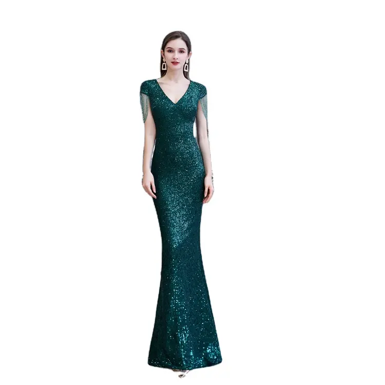 China Supplier High Standard Eco-Friendly Bridesmaid Bridal Gowns Dark Green V-Neck Elegant Wedding Dress