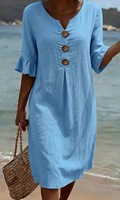 Robes d'été en coton et lin à col en V pour femmes grandes tailles, décontractées, taille haute, manches courtes