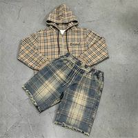 Ensemble de survêtement épais pour homme : sweat à capuche zippé à carreaux vintage personnalisé et short en jean déchiré de marques streetwear premium