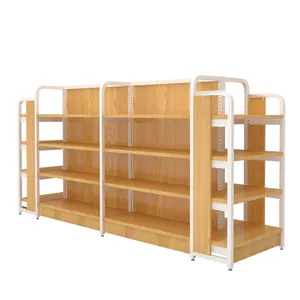 Suporte de estante de superfície em madeira, suporte de varejo para mercearia, armazenamento de metal