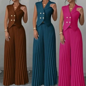 Ensemble <span class=keywords><strong>de</strong></span> bureau élégant pour femme 2026 – Haut col en V et <span class=keywords><strong>pantalon</strong></span> long plissé, couleur unie, technique <span class=keywords><strong>de</strong></span> teinture unie, taille XL, tendance et élégant - Product Image 2