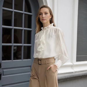 2025 moda adelante 100% Lyocell sólido teñido tejido cascada Faggotting Edge manga larga cascada blusa - Product Image 1