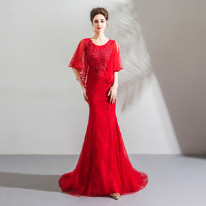 Vestido de Noche Rojo de Sirena con Escote Redondo y Mangas Acampanadas para <span class=keywords><strong>Fiesta</strong></span>, Última Moda 2020 - Product Image 4
