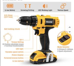 Yellow Portable Multifunctional Cordless Impact Drill Kits Home Set With 21V Lithium Battery DM-3 Brush - Product Image 2
