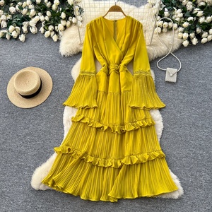 Vintage V-neck Dress Women's Elegant Long Sleeve <b>Glitter</b> Tiered Hem Maxi Dress - Product Image 4