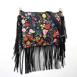 Tassel Soft Leather Shoulder Bags Floral Print Boho Leather Handbags Western Style Purses for Women Crossbody with Fringe