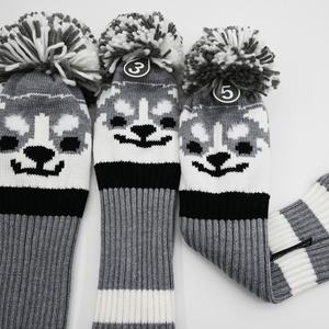 Juego de fundas de punto para palos de golf, cubiertas para palos de golf con diseño de animal Husky gris, logotipo personalizado, patrón a cuadros con pompón, en stock - Product Image 3