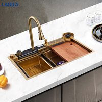 Robinet de pluie volant à 3 touches Évier de cuisine multifonctionnel Évier de cuisine doré à affichage numérique intelligent avec porte-couteau