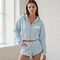 Ensemble de vêtements de sport pour femmes, sweat-shirt à capuche zippé surdimensionné personnalisé avec logo, short en molleton, deux pièces
