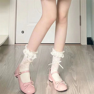 <b>Lace</b> <b>Socks</b> Mid Calf White Cotton Breathable Women's Lolita Style With Ruffles And Bows - Product Image 3