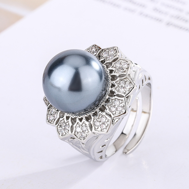 Bague à perle gris platine, taille ajustable