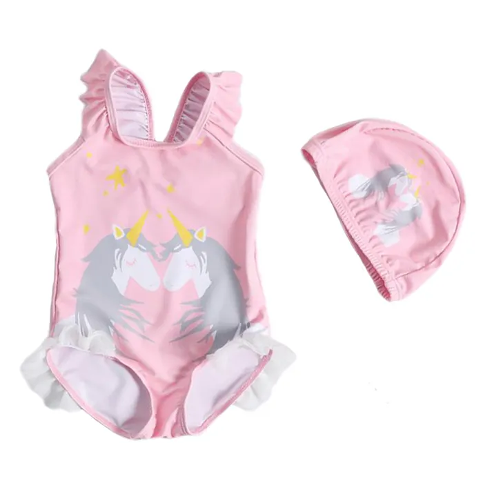 Summer Kids Swim Bathing Suit Pink Baby Girls Unicorn Swimsuit With Hat