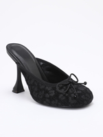 Mules noires vintage à imprimé léopard pour femme, à bout rond, avec détail nœud, à enfiler, talon aiguille évasé, sandales de soirée sans bride