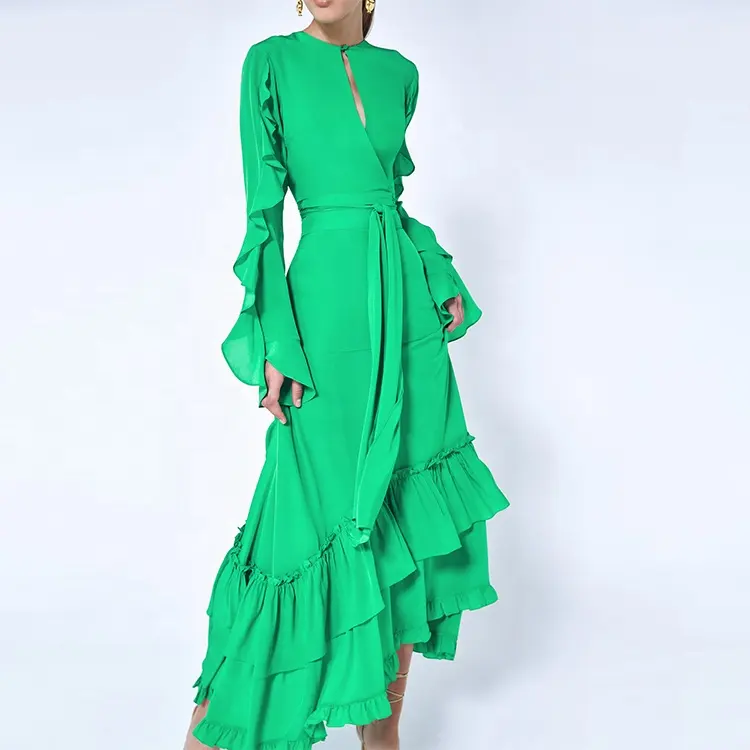 New Look Ruffle Maxi Dress Women Long Sleeve Elegant Dress Chiffon 2 Piece Frill Cut Out Skirt Dress