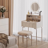 Miroir de coiffeuse minimaliste européen moderne avec éclairage LED tricolore, en bois massif assemblé, idéal pour appartement