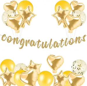 ชุดแบนเนอร์แสดงความยินดีกับตัวอักษรสีทองพร้อมลูกโป่งครบรอบแต่งงานอุปกรณ์ตกแต่งงานเลี้ยงเกษียณอายุ