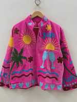 Blouson Bomber en Velours Brodé Suzani Fait Main, Style Bohème Indien, Hiver, Séchage Rapide, Respirant, Vêtement de Fête, Cadeau