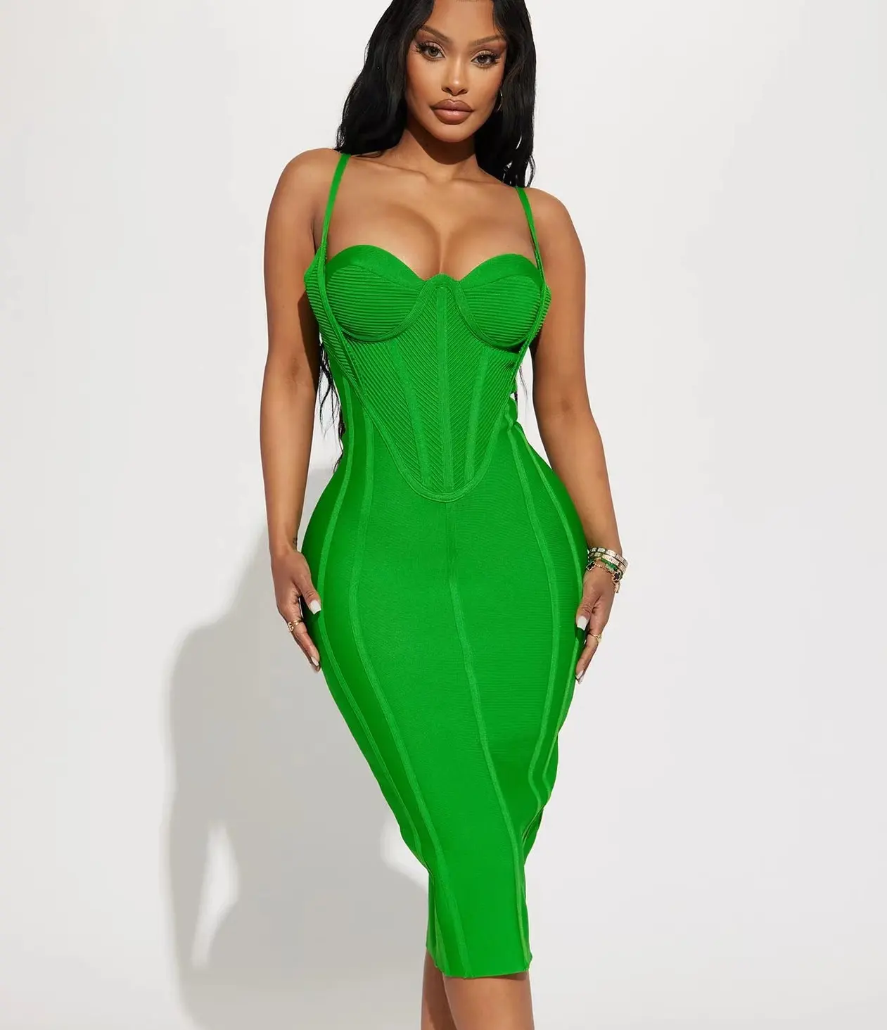 Hochwertiges gestricktes grünes Bandage formelles Abendkleid Kleid elegantes Korsett Spaghettiträger Bodycon knielange Partykleider Damen