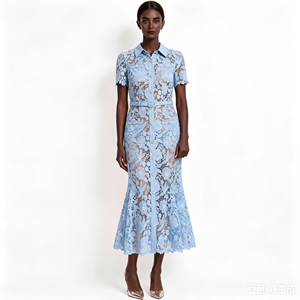Nuovo Abito Estivo da <span class=keywords><strong>Donna</strong></span> con Vita Stretta, Stile Coda di Pesce, <span class=keywords><strong>Elegante</strong></span>, con Colletto a Risvolto, Maniche Corte, in Pizzo e Bretelle Interne - Product Image 1