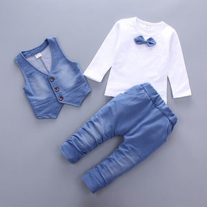Hot <b>Sale</b> <b>Spring</b> Autumn New Fashion Baby Boy Clothes 3pcs Set Denim Style Cotton with Tie Children Clothing Suit - Product Image 1