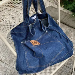 Bolsa jeans robusta de cor azul escura, sacola de ombro casual elegante com seu logotipo