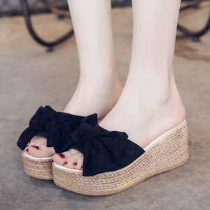 Sandales d'été compensées en daim pour femme <span class=keywords><strong>avec</strong></span> nœud, semelle épaisse et légère en éponge, et fermeture à bouton - Product Image 6