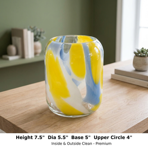Vase en verre soufflé à la main transparent, abstrait bleu et jaune, pour table, vase à fleurs moderne décoratif pour salon et mariage - Product Image 3