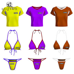 Conjunto de Bikini Deportivo Ecológico de 3 Piezas para Mujer, Traje de Baño con Logotipo Personalizado, <span class=keywords><strong>Shorts</strong></span> con Diseño Contrastante, Ropa de Playa Fabricada - Product Image 2