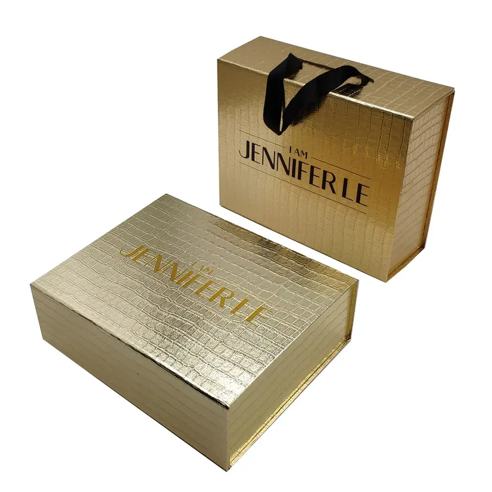 Caixa de ouro luxuosa reutilizável para embalagem de varejo, caixa de presente plana magnética para bolsas femininas da moda