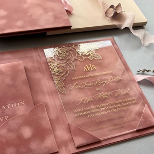 Ensemble d'invitations de mariage de luxe en velours bleu marine, couverture rigide, personnalisé avec dorure à chaud, <span class=keywords><strong>suite</strong></span> d'invitations en acrylique avec enveloppe - Product Image 4
