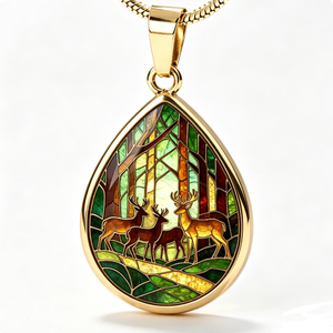 Colgante en Forma de Lágrima de Aleación de Zinc Chapado en Oro con Diseño de Ciervo y Bosque en Vidrio Emplomado, Joyería con Temática Animal - Product Image 5