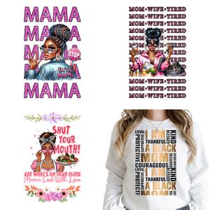 Autocollants de transfert thermique DTF lavables et prêts à poser pour vêtements, avec le message 'Fashion Afro Super Mom Queen I'm That Mama Power' - Product Image 1