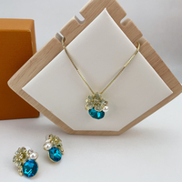 Ensemble de bijoux en émail avec fleurs, cristaux bleus et perles, collier et boucles d'oreilles pour femmes, accessoire rétro élégant KY25126
