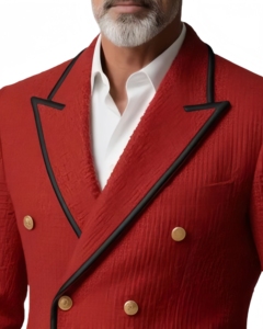 Blazer <span class=keywords><strong>Homme</strong></span> en Denim Texturé Rouge de Luxe, Double Boutonnage, Passepoil Noir, Boutons Dorés Élégants, Coupe Slim, Idéal pour Soirées Printanières - Product Image 6