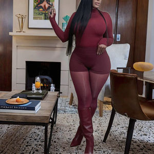 Ensemble décontracté 3 pièces tricoté et brodé pour femme, col montant, haut à manches longues, short de yoga moulant uni et collants - Product Image 3