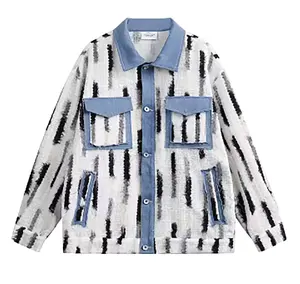 Tapeçaria personalizada Single Breasted Vintage Casacos Aztec Estilo Ocidental Desgastado Hem Denim Jacket moda jaqueta para as mulheres
