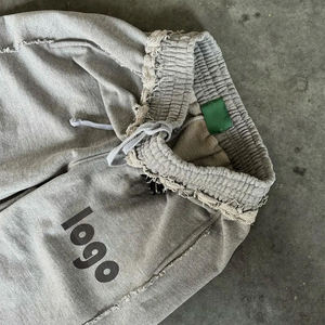 Custom Streetwear Distressed Sweat <strong>Pants</strong> French Terry Raw Hem Cotton Grey <strong>Baggy</strong> Wide Leg Oversized Men Sweatpants - Product Image 3