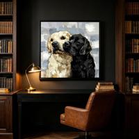 Tableau mural encadré Labrador Retriever, portrait de chien jaune et noir, cadre noir mat, décoration côtière Wabi Sabi