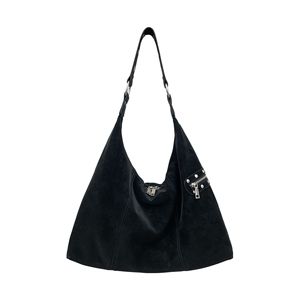 Sac à bandoulière hobo croissant en daim pour femme, avec large sangle, œillets argentés, clous décoratifs et fermeture éclair, idéal pour un look décontracté - Product Image 5