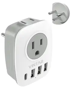 VINTAR 6 in 1 Type H Travel Adapter Israel Power Adapter US to Israel Travel Plug with 4USB Ports